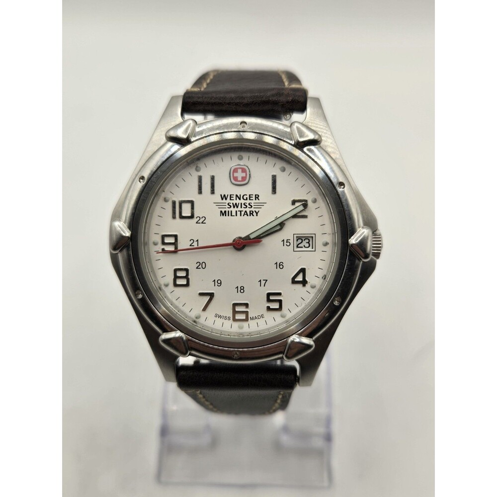 Wenger Swiss Military Men's 43mm Silver Tone Watch. New Leather Band + Battery